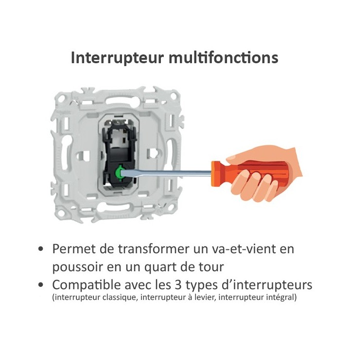 Schneider Odace - va-et-vient ou poussoir intégral - 10AX - avec enjoliveur et plaque - blanc craie - Réf : S980204-PB