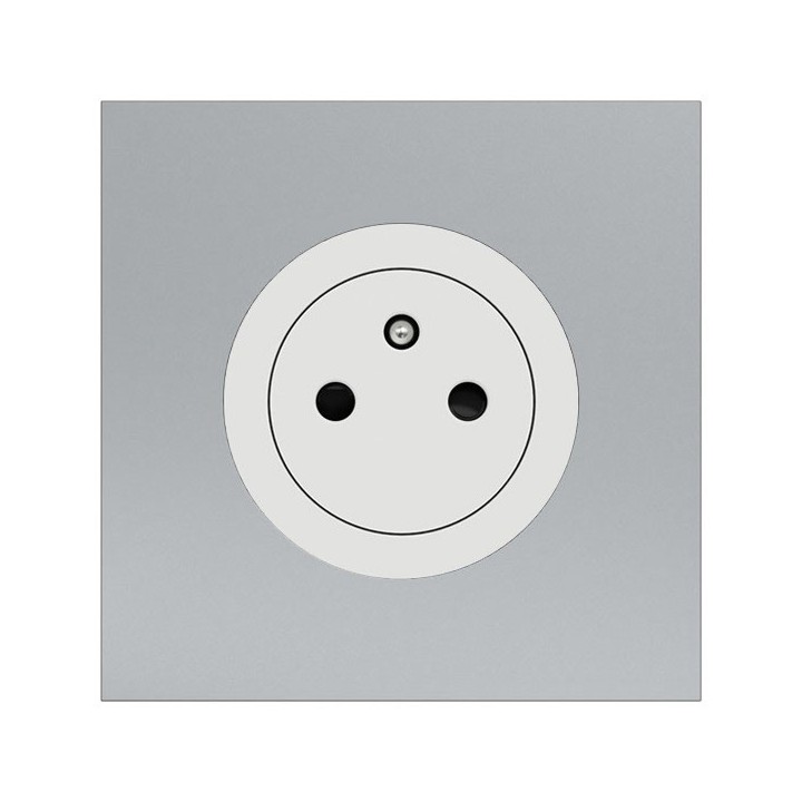 Schneider Odace - Prise 2P+T affleurante blanc craie - avec plaque métal titane - bornes automatiques - Réf : S920052-PBT