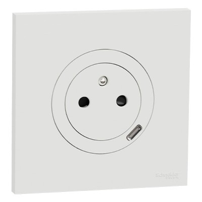 Schneider Odace - prise 2P+T affleurante + chargeur USB-C 18W avec plaque de finition - blanc craie - Réf : S920042-P