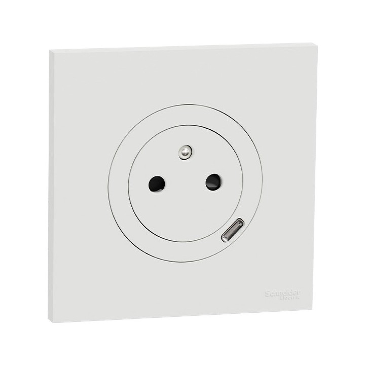 Schneider Odace - prise 2P+T affleurante + chargeur USB-C 18W avec plaque de finition - blanc craie - Réf : S920042-P