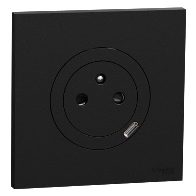Schneider Odace - prise 2P+T affleurante + chargeur USB-C 18W avec plaque de finition - noir onyx - Réf : S940042-P