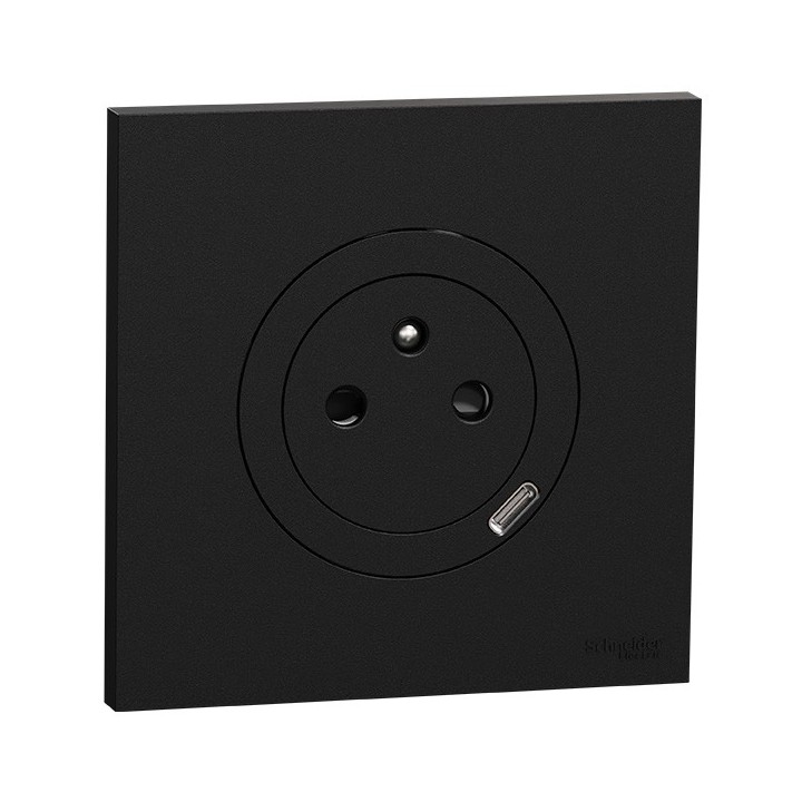 Schneider Odace - prise 2P+T affleurante + chargeur USB-C 18W avec plaque de finition - noir onyx - Réf : S940042-P