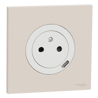 Schneider Odace - prise 2P+T affleurante + chargeur USB-C 18W blanc craie avec plaque de finition beige sable - Réf : S920042-PB