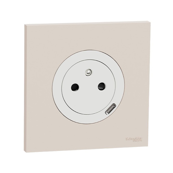 Schneider Odace - prise 2P+T affleurante + chargeur USB-C 18W blanc craie avec plaque de finition beige sable - Réf : S920042-PB