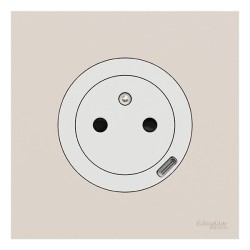 Schneider Odace - prise 2P+T affleurante + chargeur USB-C 18W blanc craie avec plaque de finition beige sable - Réf : S920042-PB