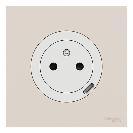 Schneider Odace - prise 2P+T affleurante + chargeur USB-C 18W blanc craie avec plaque de finition beige sable - Réf : S920042-PB