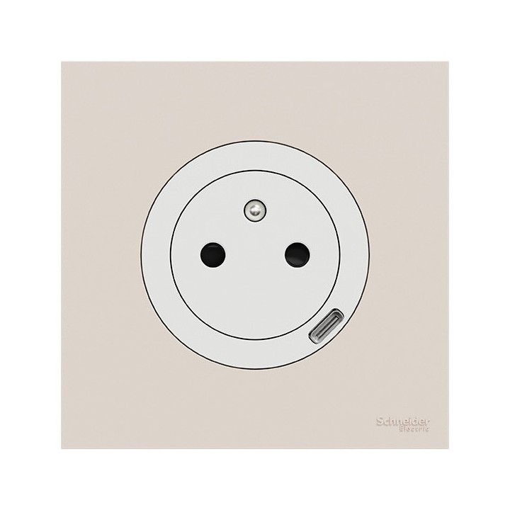 Schneider Odace - prise 2P+T affleurante + chargeur USB-C 18W blanc craie avec plaque de finition beige sable - Réf : S920042-PB