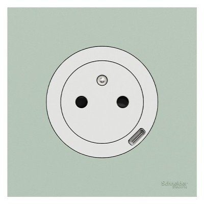 Schneider Odace - prise 2P+T affleurante + chargeur USB-C 18W blanc craie avec plaque de finition vert jade - Réf : S920042-PV