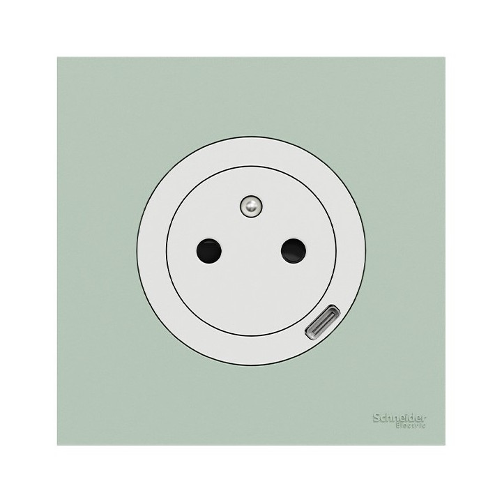 Schneider Odace - prise 2P+T affleurante + chargeur USB-C 18W blanc craie avec plaque de finition vert jade - Réf : S920042-PV