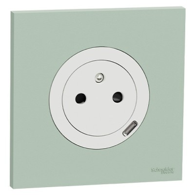 Schneider Odace - prise 2P+T affleurante + chargeur USB-C 18W blanc craie avec plaque de finition vert jade - Réf : S920042-PV