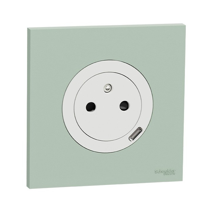 Schneider Odace - prise 2P+T affleurante + chargeur USB-C 18W blanc craie avec plaque de finition vert jade - Réf : S920042-PV