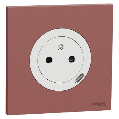 Schneider Odace - prise 2P+T affleurante + chargeur USB-C 18W blanc craie avec plaque de finition rose grenat - Réf : S920042-PR