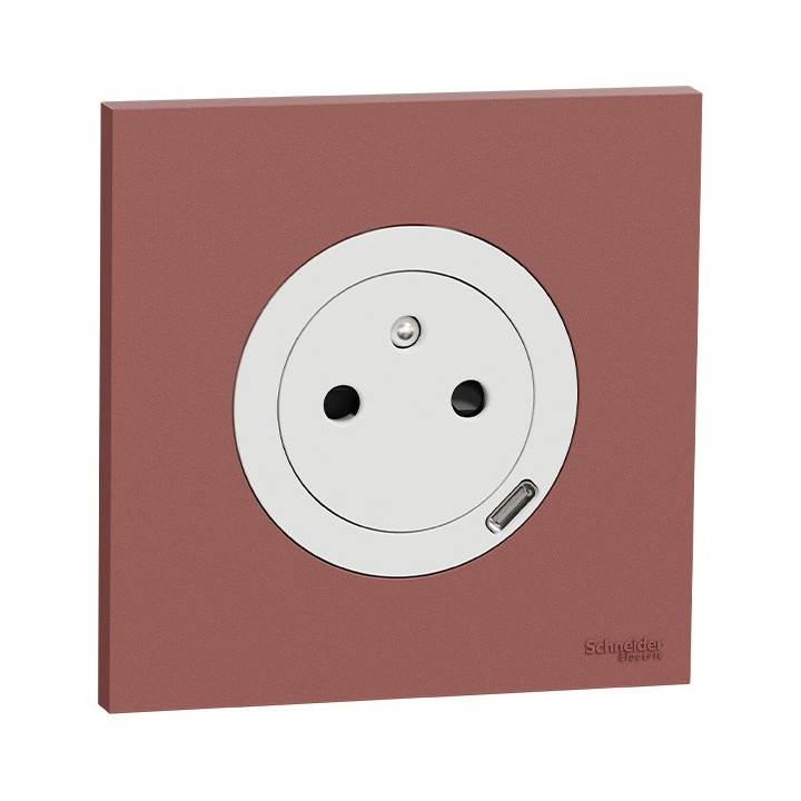 Schneider Odace - prise 2P+T affleurante + chargeur USB-C 18W blanc craie avec plaque de finition rose grenat - Réf : S920042-PR