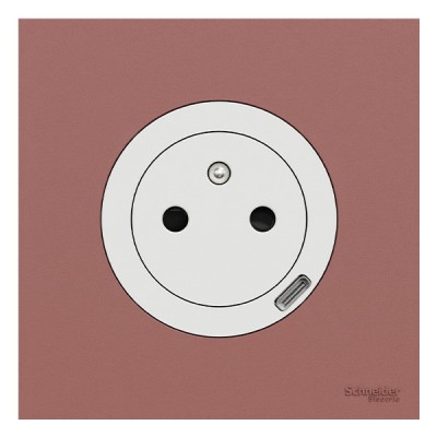 Schneider Odace - prise 2P+T affleurante + chargeur USB-C 18W blanc craie avec plaque de finition rose grenat - Réf : S920042-PR