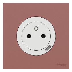Schneider Odace - prise 2P+T affleurante + chargeur USB-C 18W blanc craie avec plaque de finition rose grenat - Réf : S920042-PR