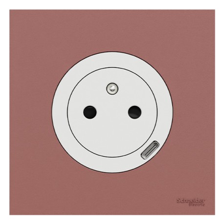 Schneider Odace - prise 2P+T affleurante + chargeur USB-C 18W blanc craie avec plaque de finition rose grenat - Réf : S920042-PR