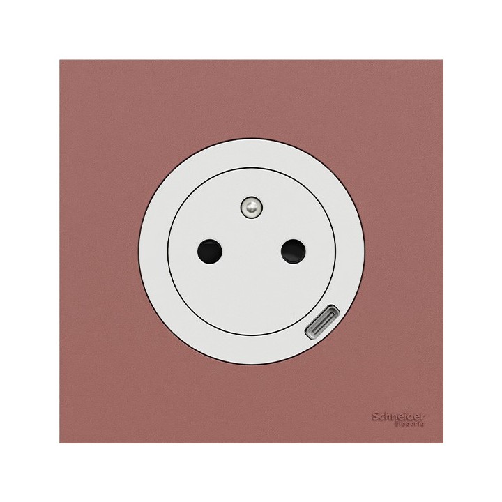 Schneider Odace - prise 2P+T affleurante + chargeur USB-C 18W blanc craie avec plaque de finition rose grenat - Réf : S920042-PR