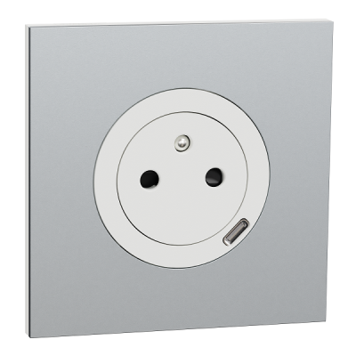 Schneider Odace - prise 2P+T affleurante + chargeur USB-C 18W blanc craie avec plaque de finition métal alu - Réf : S920042-PMA