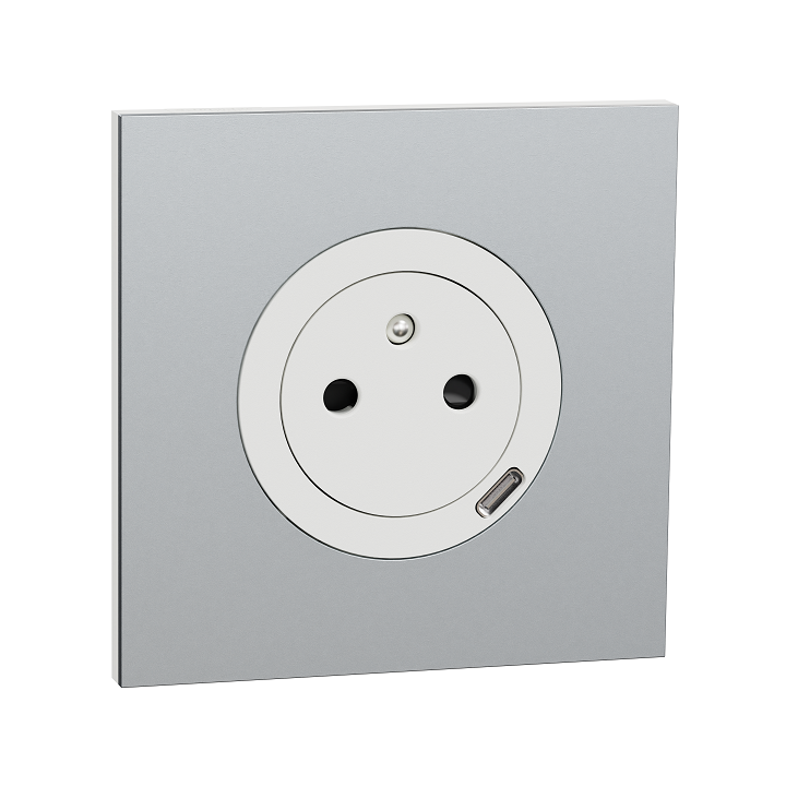 Schneider Odace - prise 2P+T affleurante + chargeur USB-C 18W blanc craie avec plaque de finition métal alu - Réf : S920042-PMA