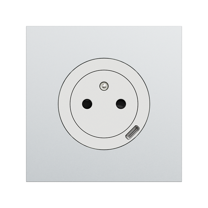 Schneider Odace - prise 2P+T affleurante + chargeur USB-C 18W blanc craie avec plaque de finition métal alu - Réf : S920042-PMA