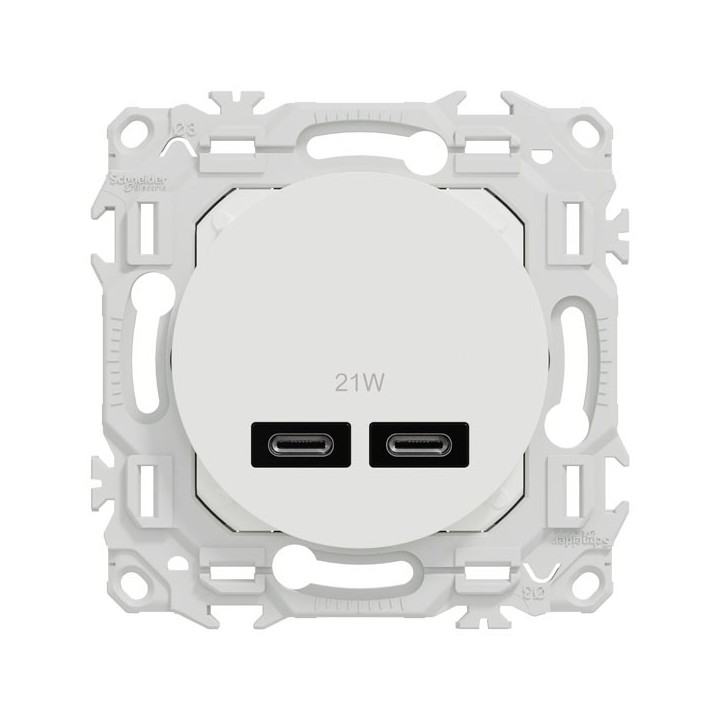 Schneider Odace - chargeur double USB type C+C - 21W Power Delivery - blanc craie  - Réf : S920401