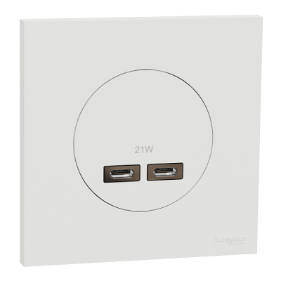 Schneider Odace - chargeur double USB type C+C - 21W Power Delivery avec plaque de finition blanc craie - Réf : S920401-P