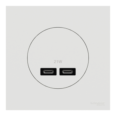 Schneider Odace - chargeur double USB type C+C - 21W Power Delivery avec plaque de finition blanc craie - Réf : S920401-P