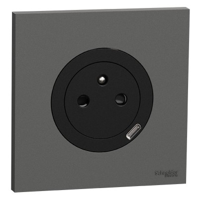 Schneider Odace - prise 2P+T affleurante + chargeur USB-C 18W noir avec plaque de finition gris basalte - Réf : S940042-PGB
