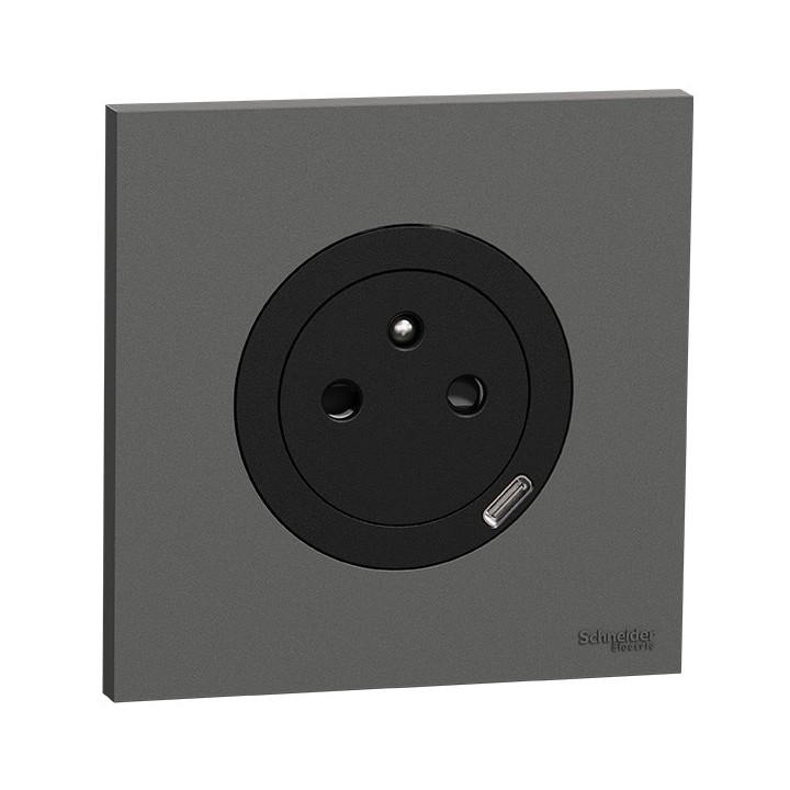 Schneider Odace - prise 2P+T affleurante + chargeur USB-C 18W noir avec plaque de finition gris basalte - Réf : S940042-PGB