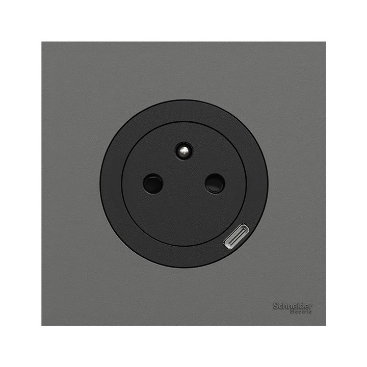 Schneider Odace - prise 2P+T affleurante + chargeur USB-C 18W avec plaque de finition - gris basalte - Réf : S940042-PGB