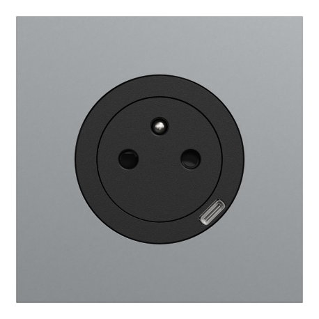 Schneider Odace - prise 2P+T affleurante + chargeur USB-C 18W noir - avec plaque de finition métal titane - Réf : S940042-PMT