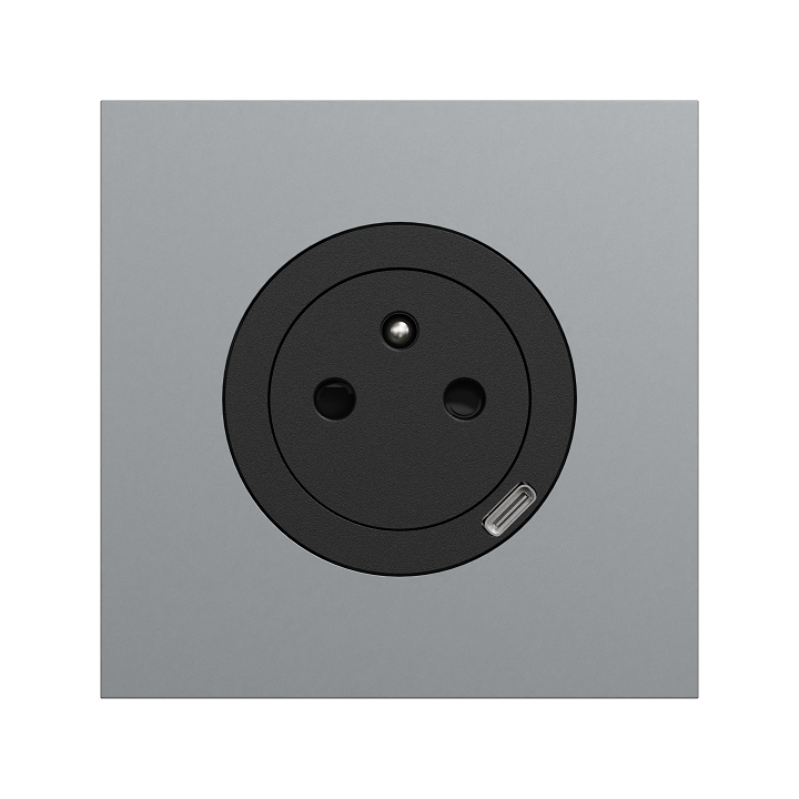 Schneider Odace - prise 2P+T affleurante + chargeur USB-C 18W noir - avec plaque de finition métal titane - Réf : S940042-PMT
