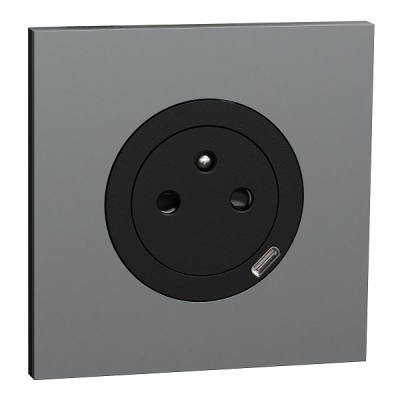 Schneider Odace - prise 2P+T affleurante + chargeur USB-C 18W noir - avec plaque de finition métal titane - Réf : S940042-PMT