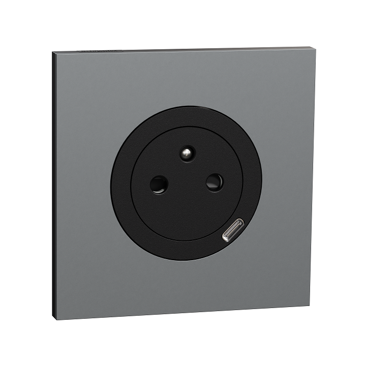Schneider Odace - prise 2P+T affleurante + chargeur USB-C 18W noir - avec plaque de finition métal titane - Réf : S940042-PMT