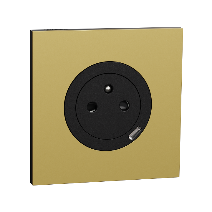 Schneider Odace - prise 2P+T affleurante + chargeur USB-C 18W noir - avec plaque de finition métal laiton - Réf : S940042-PML