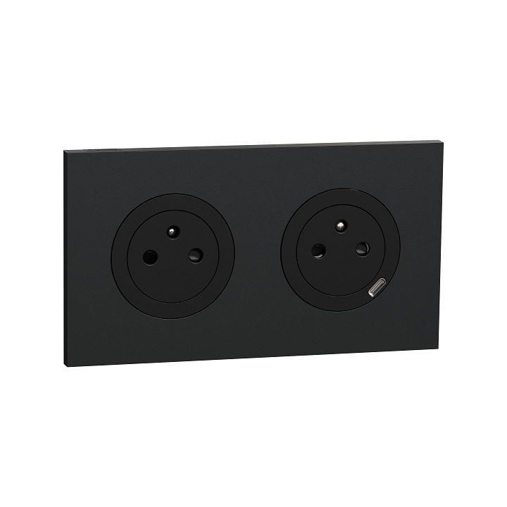 Schneider Odace - 2 prises 2P+T affleurantes + 1 chargeur USB-C noir onyx avec plaque de finition perle noire - Réf : S940052-42
