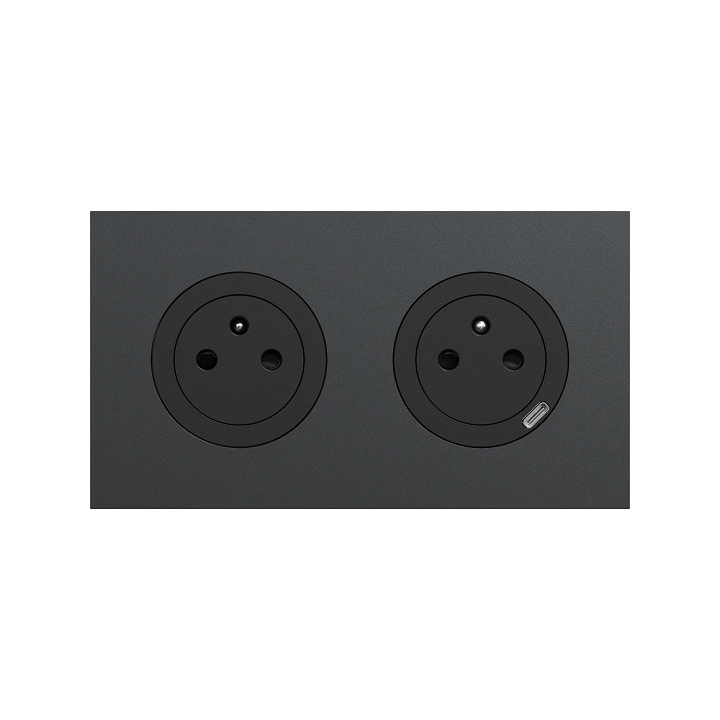 Schneider Odace - 2 prises 2P+T affleurantes + 1 chargeur USB-C noir onyx avec plaque de finition perle noire - Réf : S940052-42