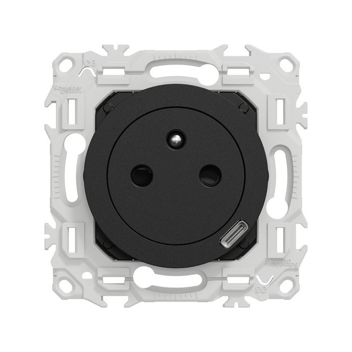 Schneider Odace - 2 prises 2P+T affleurantes + 1 chargeur USB-C noir onyx avec plaque de finition perle noire - Réf : S940052-42