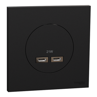Schneider Odace - chargeur double USB type C+C - 21W Power Delivery avec plaque de finition noir onyx - Réf : S940401-P