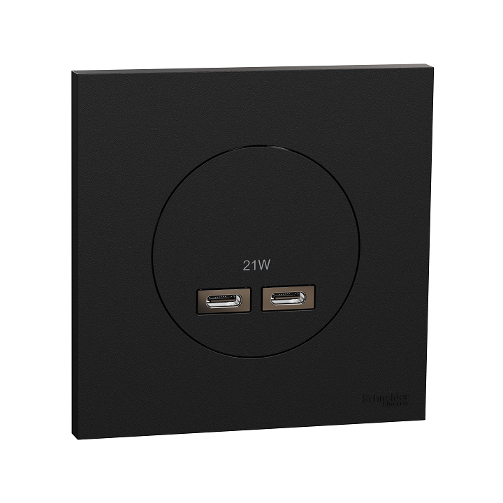 Schneider Odace - chargeur double USB type C+C - 21W Power Delivery avec plaque de finition noir onyx - Réf : S940401-P