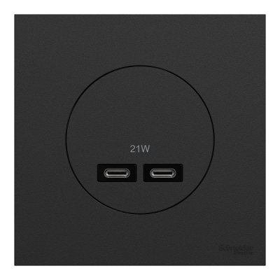 Schneider Odace - chargeur double USB type C+C - 21W Power Delivery avec plaque de finition noir onyx - Réf : S940401-P