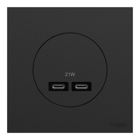 Schneider Odace - chargeur double USB type C+C - 21W Power Delivery avec plaque de finition noir onyx - Réf : S940401-P