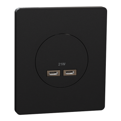 Schneider Odace - chargeur double USB type C+C - 21W Power Delivery - noir onyx avec sa plaque Architecte - Réf : S940401-PA