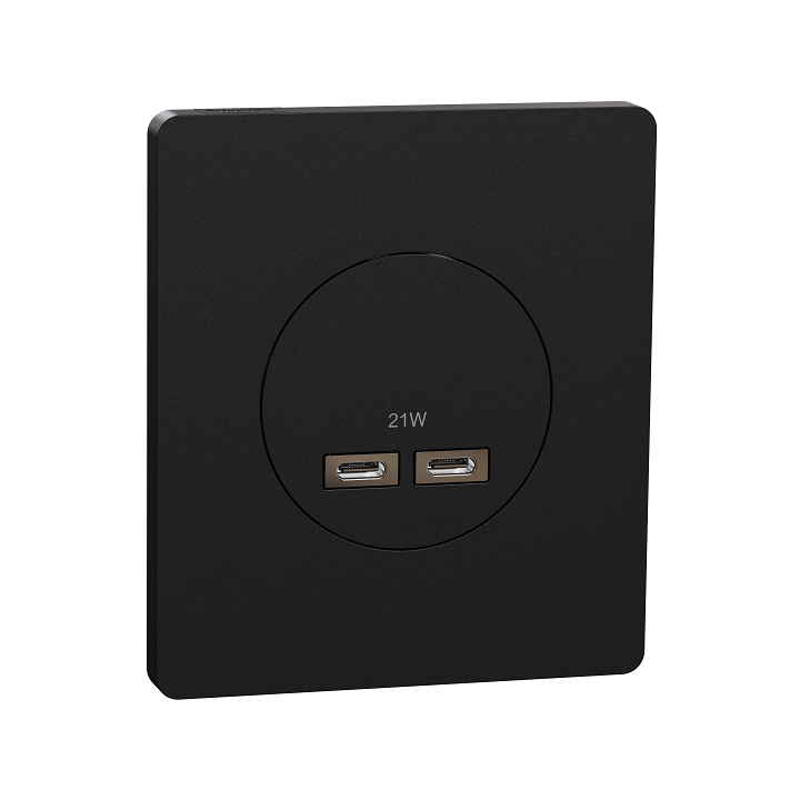 Schneider Odace - chargeur double USB type C+C - 21W Power Delivery - noir onyx avec sa plaque Architecte - Réf : S940401-PA