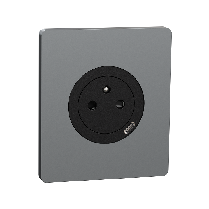 Schneider Odace - prise 2P+T affleurante + chargeur USB-C 18W noir avec plaque de finition Architecte titane - Réf: S940042-PAT