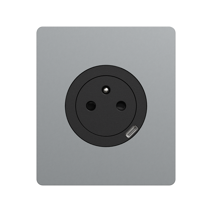 Schneider Odace - prise 2P+T affleurante + chargeur USB-C 18W noir avec plaque de finition Architecte titane - Réf: S940042-PAT