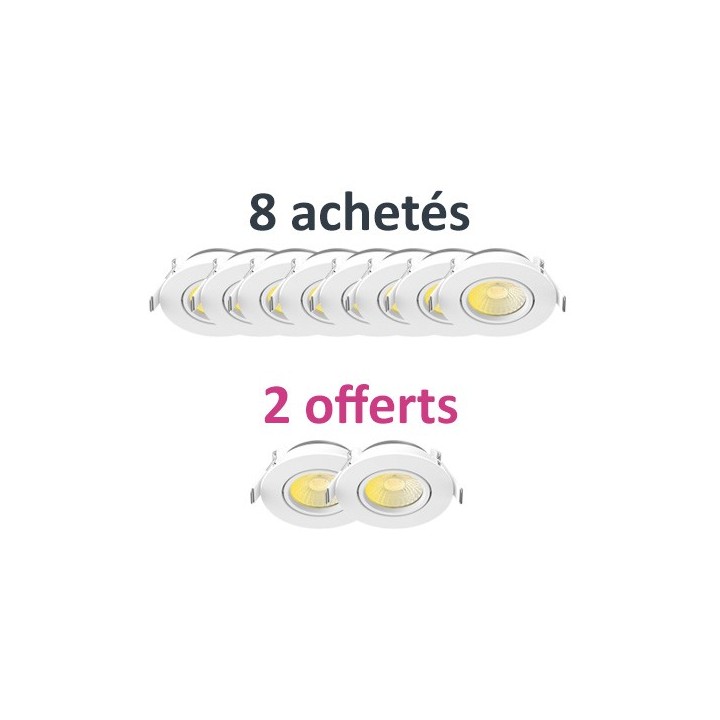 Miidex Lighting - 10 Spots LED CCT BBC Inclinable dont 2 GRATUITS - 6W 2700/3000/4000K Dimmable  - Réf : 100268(10)