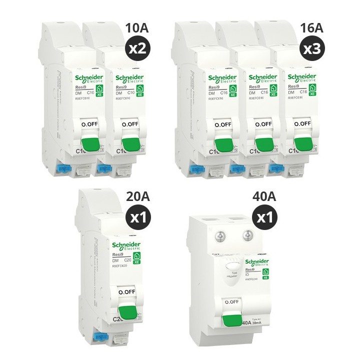 Schneider - Resi9 XE - Lot de 6 disjoncteurs + 1 interrupteur différentiel 40A - Embrochable - Pour T2 - Réf : R9ERC240-P