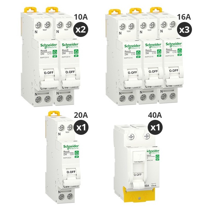 Schneider - Resi9 XP - Lot de 6 disjoncteurs + 1 interrupteur différentiel 40A - Peignable - Pour T2 - Réf : R9PRC240-P