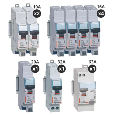 Legrand - Lot de 8 disjoncteurs + 1 interrupteur différentiel 63A - Type AC - Automatique - Pour T3 - Réf : 411650-P
